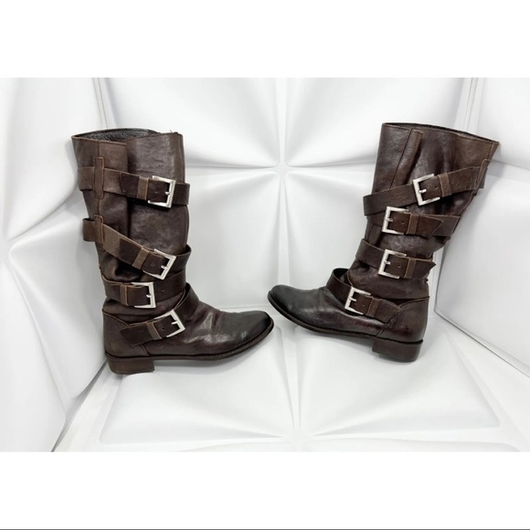 Rare LIMI Feu Feu Paris 34.5 Sz 5 Womens Brown Leather Buckle Stappy Boots Biker - Picture 6 of 11